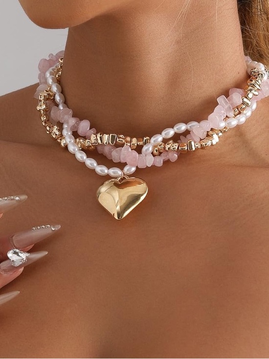 Anthropologie Jewelry - Anthropologie Gold Heart Layered Necklace with Pink Stones and Pearls